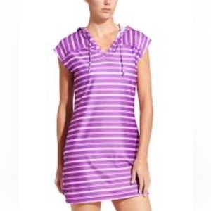 Athleta sporty Stripe wick it wader hoodie dress or cover up in jazzy purple